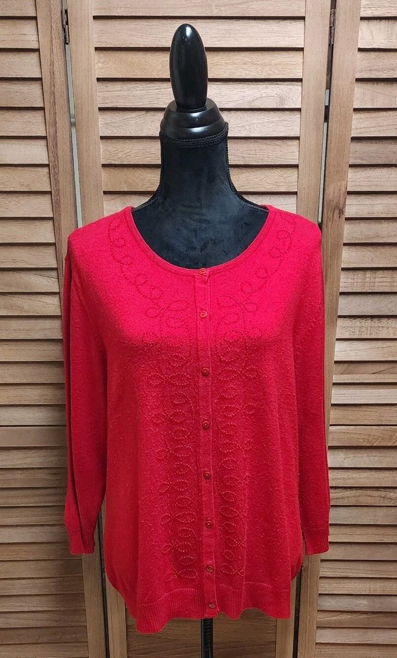 Outfit Woman JPR Vintage Beaded Sweater Button Long-Sleeve Knit Red Plus Size 1X